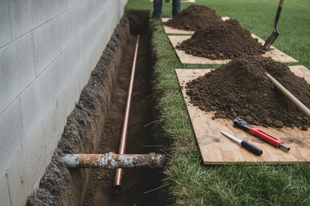 Excavated water line trench during Water Softener Installation in Guilford